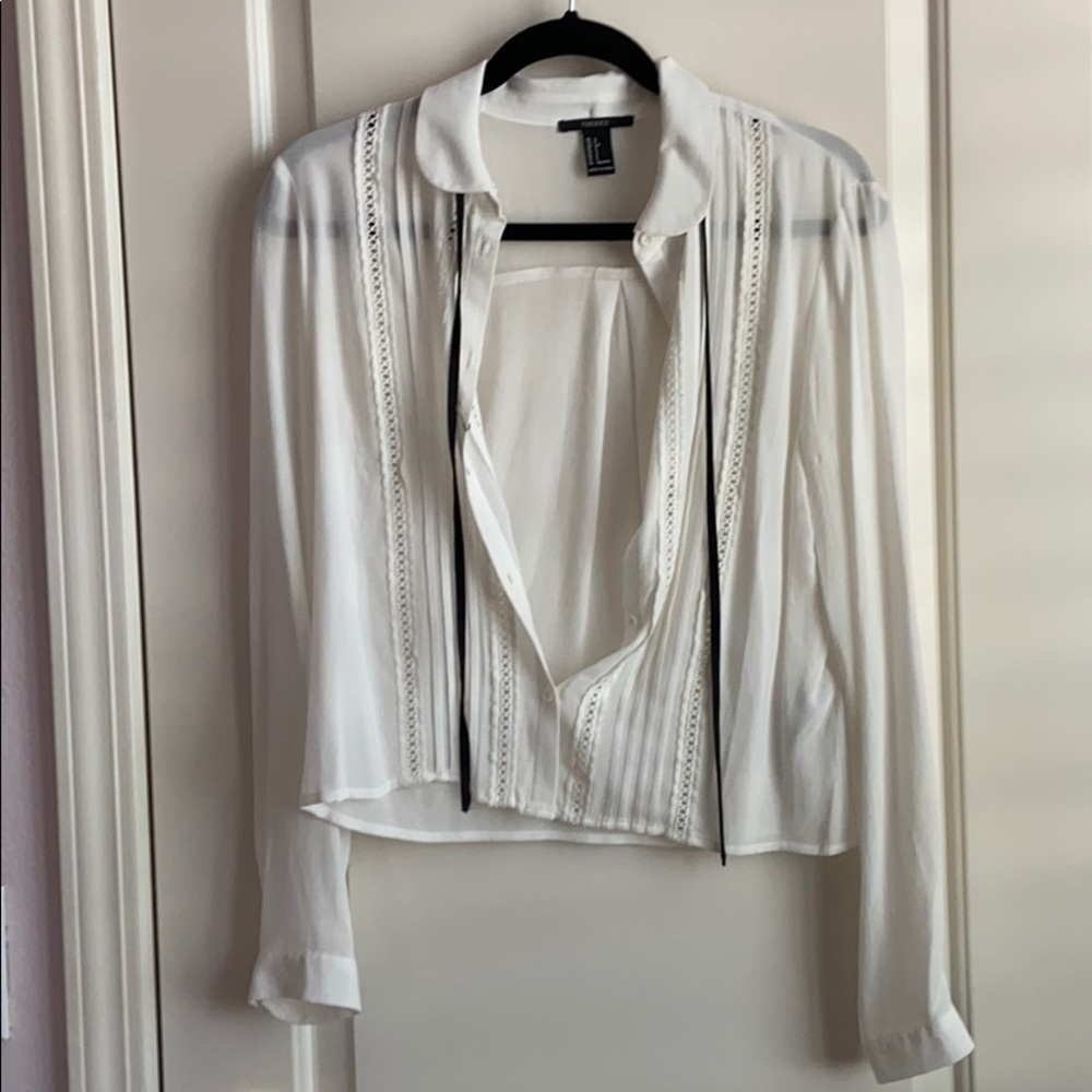 White Button-up Lace Blouse with Black Tie